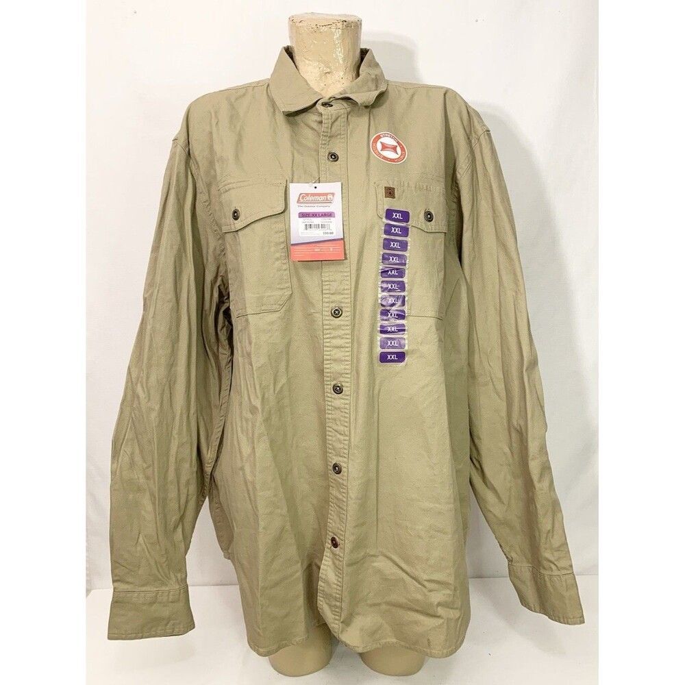NWT $80 Coleman Shirt Size XXL 2XL 56” Beige Canvas Button Down Long Sleeve